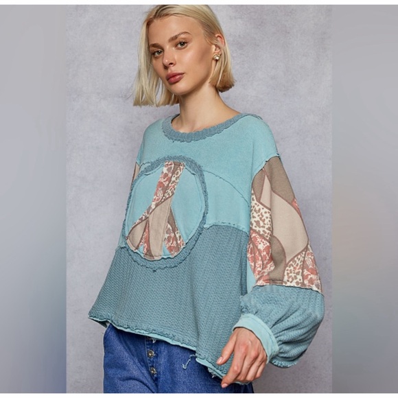 POL Teal Blue Floral Print Peace Patch French Terry Top - Picture 2 of 4
